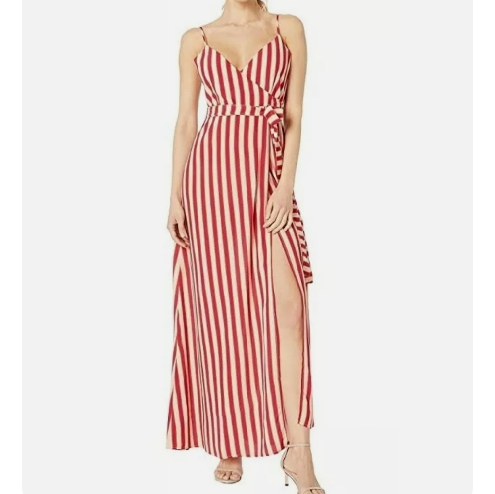 Flynn Skye 247695‎ Womens Striped V-Neck Wrap Dress Ruby Slipper Size Small
